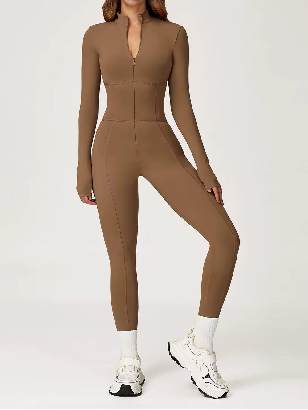 Seamless Brown Long-Sleeve Jumpsuit